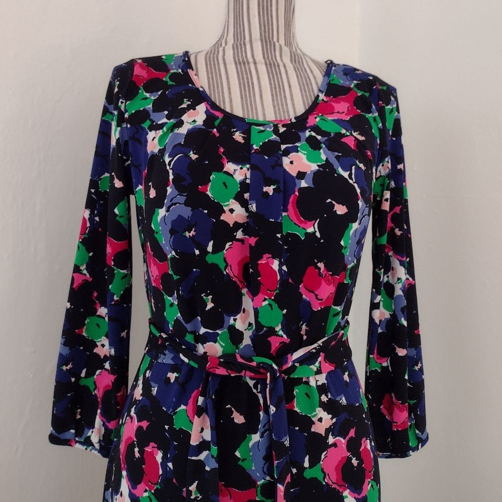 Talbots Black Multi Colored Print Midi Sheath Dre… - image 2